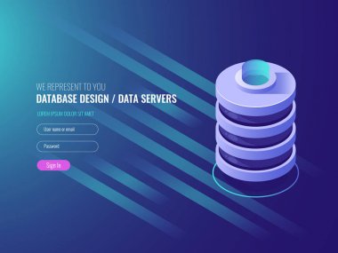 Veritabanı tasarımı, kavramsal sunucu odası rafı, veri merkezi, veri depolama servisi IT izometrik 3d vektörü simgesi