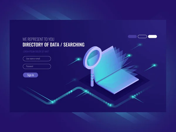 データのディレクトリ 情報検索結果 虫眼鏡で本 検索エンジンの最適化 情報技術等の等角ベクトル紫外線 — ストックベクタ