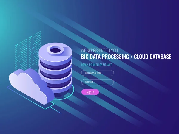 Cloud Datenspeicherdienste Datenbank Cloud Programmcode Symbole Datenspeicherung Server Raum Isometrischer — Stockvektor