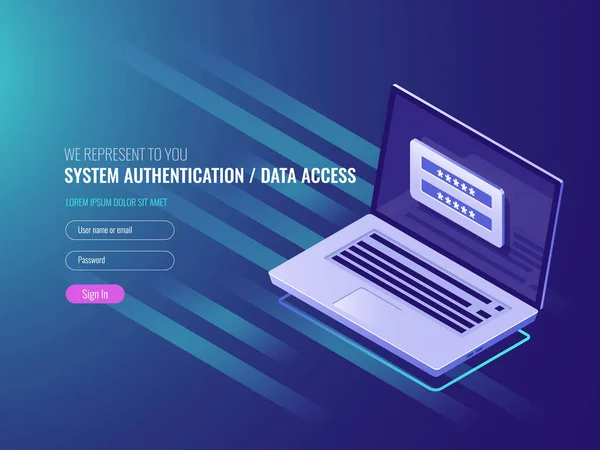 System Authentication Data Access User Login Form Laptop Screen Isometric — Stock Vector