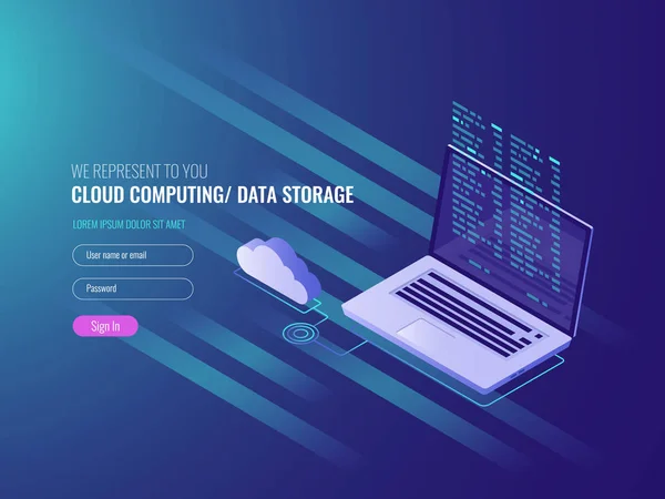 Concetto Cloud Computing Laptop Aperto Con Icona Cloud Codice Programma — Vettoriale Stock