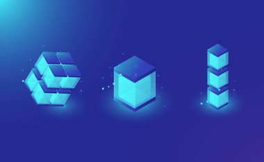 Blockchain teknoloji ile parlayan kutu, veritabanı, cam küp izometrik.
