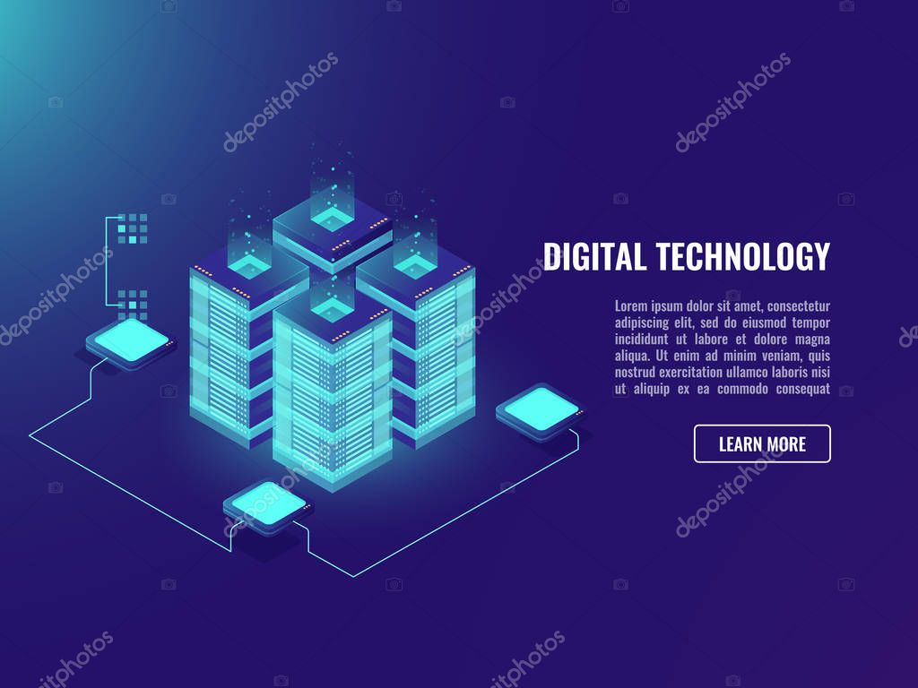 Big datacenter, isometric vector processing data concept, server room, cloud storage technology blockchain neon ultraviolet