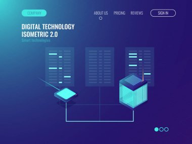 İletim ve bir ağ, bigdata işleme, sunucu odası, veritabanı ve datacenter kavramını, izometrik vektör modülleri kod çözümü