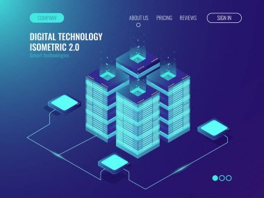 Data networking, bigdata processing and storage hardware, server room cabinet, computing isometric vector neon clipart svg vector 