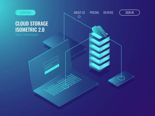 Concept Van Cloudopslag Gegevensoverdracht Serverruimte Grote Datacenter Isometrische Vector — Stockvector