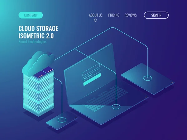 Concetto Cloud Storage Trasferimento Dati Sala Server Grande Vettore Isometrico — Vettoriale Stock