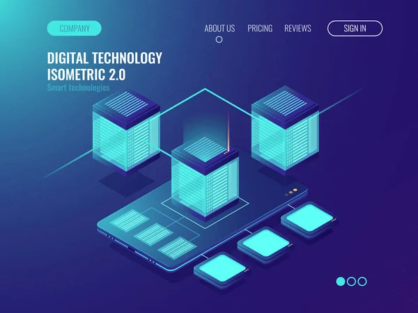 Server Kamer Banner Datacenter Database Verbinding Concept Smartphone Gsm Toepassingsontwikkeling — Stockvector