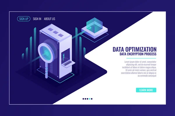 Concepto Optimización Datos Búsqueda Información Sala Servidores Lupa Vector Isométrico — Archivo Imágenes Vectoriales