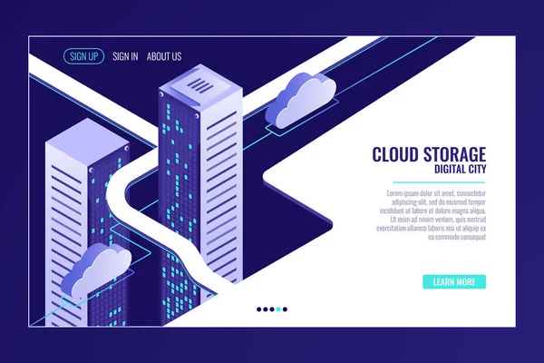 Ciudad Datos Urbana Concepto Almacenamiento Nube Estante Sala Servidores Centro — Vector de stock