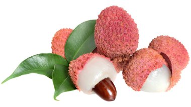Taze lychee egzotik meyve izole yaprak ile