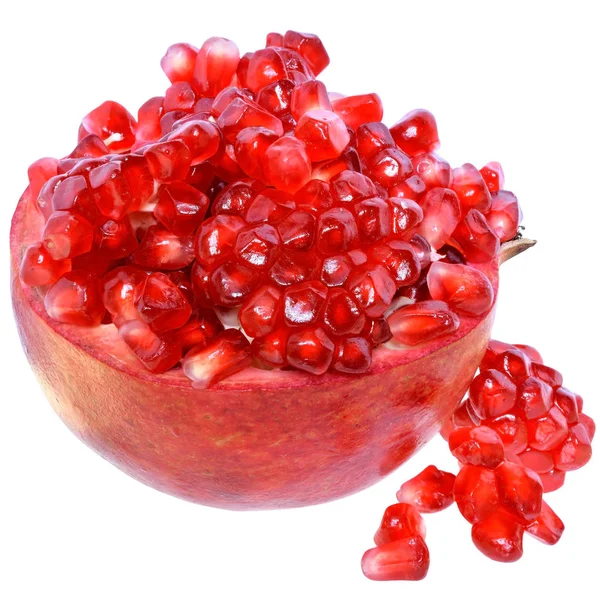 Cut the pomegranate with scattered grain isolated — Stock Photo, Image