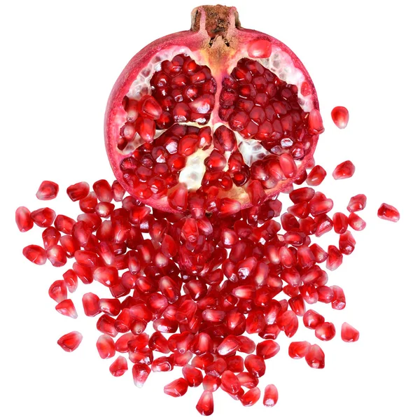 Cut the pomegranate with scattered grain top view isolated — Stock Photo, Image