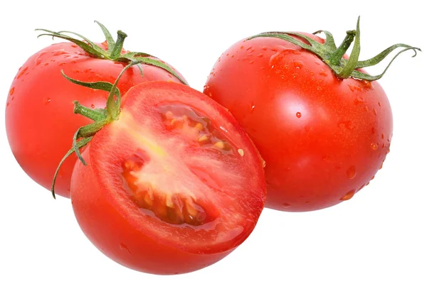 Zralé mokrý řez rajčete, samostatný — Stock fotografie