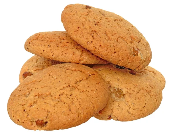 Ορεκτικές Chip Cookies Σταφίδες Και Φρουί Close Πύργος Απομονωθεί Λευκό — Φωτογραφία Αρχείου