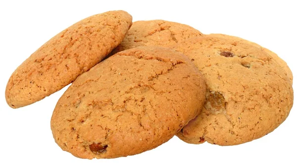 Ορεκτικές Chip Cookies Σταφίδες Και Φρουί Close Απομονώνονται Λευκό Φόντο — Φωτογραφία Αρχείου