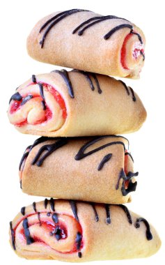 Cookies rolls with strawberry jam and chocolate icing tower