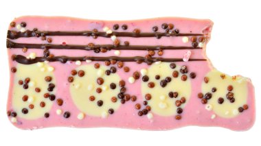 Bitten strawberry pink chocolate top view isolated