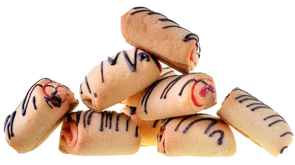 Cookies rolls with strawberry jam and chocolate icing isolated — Stock Photo, Image