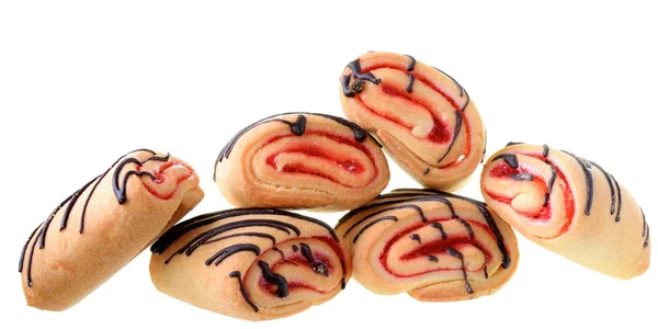 Cookies rolls with strawberry jam and chocolate icing isolated — Stock Photo, Image