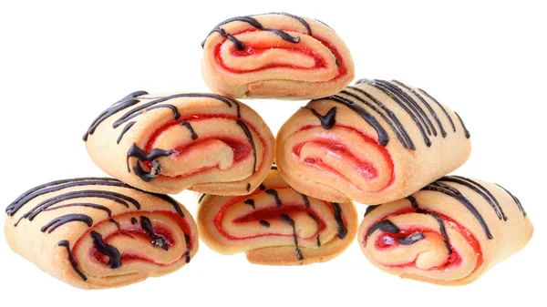 Cookies rolls with strawberry jam and chocolate icing isolated — Stock Photo, Image