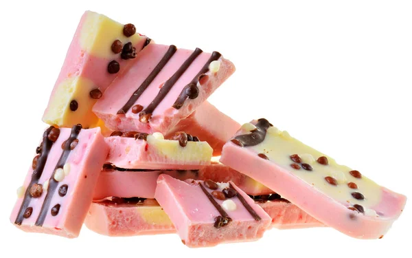 Růžová čokoláda s jahodami a loupanou rýží — Stock fotografie