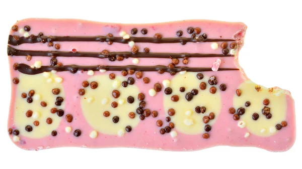 Bitten strawberry pink chocolate top view isolated — Stockfoto