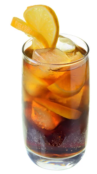 Bebida Cola Con Cubitos Hielo Limón Rodajas Vaso Tubo Aislado — Foto de Stock