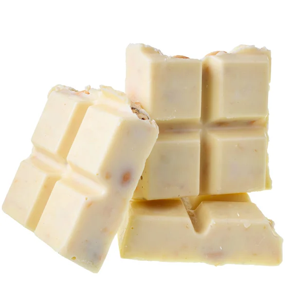 Gebroken Witte Chocolade Met Hele Hazelnoten Geïsoleerd Een Witte Achtergrond — Stockfoto