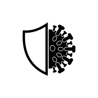 Corona virüs koruma kalkanı logosu, kalkan ve korona virüsü, vektör ikonu, hastalıklara karşı koruma, virüse karşı bağışıklık ve bakteri önlemenin çizimi.