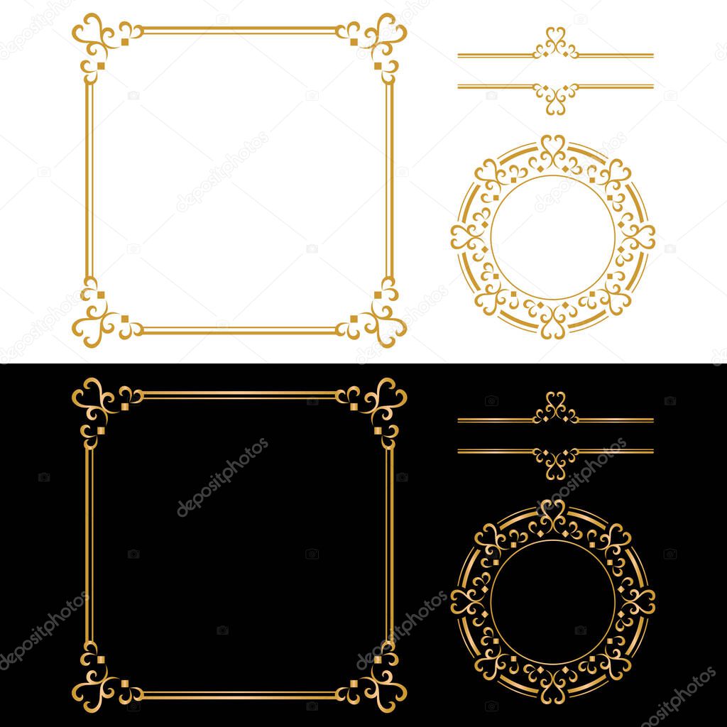 Golden ornament frame, Luxury golden frame collection, border ornament, invitation border, and text frame, on white and black background.