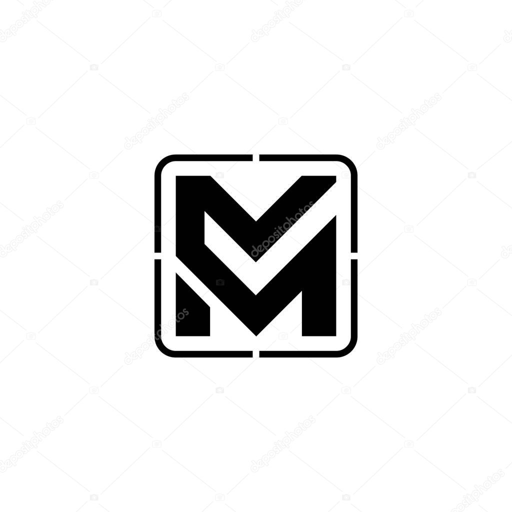 Initial letter M graphic logo template, with check mark on negative space design concept, isolated on white background.