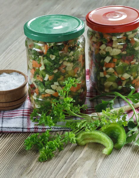 Chopped vegetables in jars — Stock Photo, Image