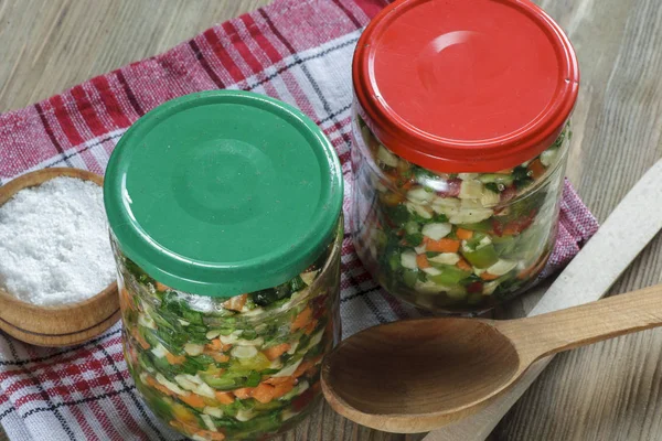 Chopped vegetables in jars — Stock Photo, Image