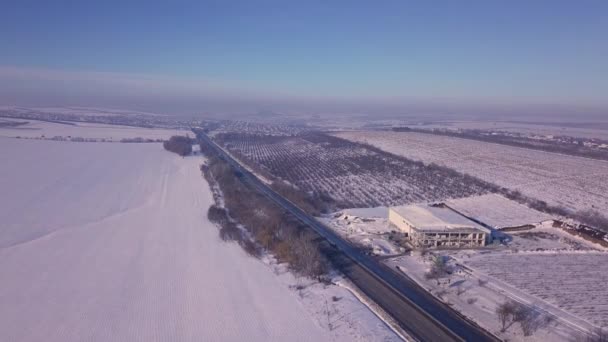 Aerial Top View Drone Highway Winter Weather — Stock Video
