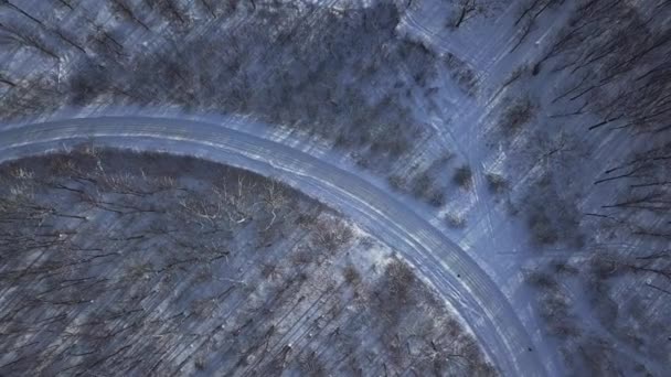 Vista Aérea Romántica Carretera Que Atraviesa Bosque Invernal Cubierto Nieve — Vídeo de stock