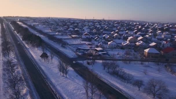 Ovanifrån Staden Förorter Eller Liten Stad Fina Hus Vintern Morgon — Stockvideo