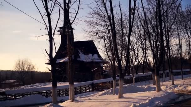 Oude Houten Kerk Winter Kishinev Republiek Moldavië Winterlandschap Whit Houten — Stockvideo