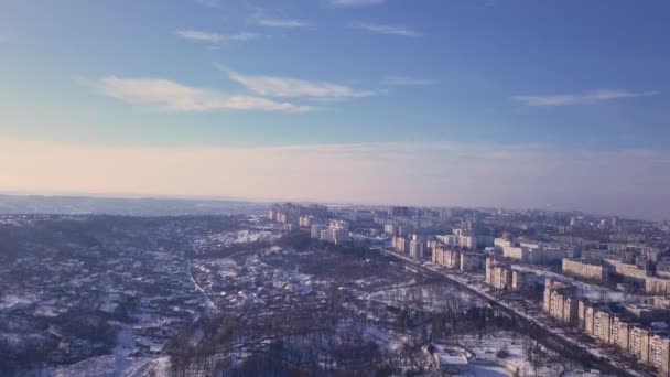 Top View City Winter Sunset Sky Background Aerial Drone Videography — Stockvideo