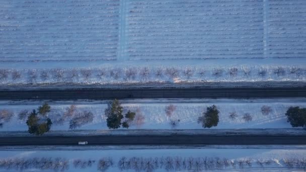 Aerial Top View Drone Highway Winter Weather — Stock Video