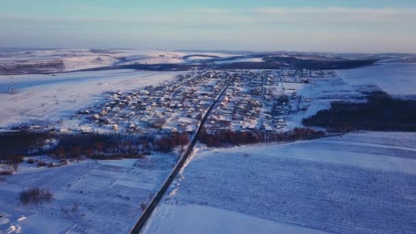 Luftaufnahme Dorf Zwischen Feldern Und Wäldern Winter Winterlandschaft Schneebedecktes Feld — Stockvideo