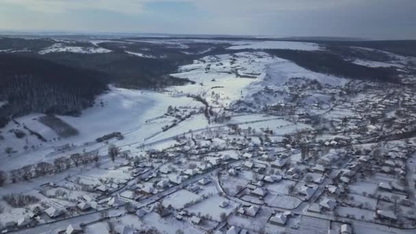 Widok Lotu Ptaka Wsi Wśród Pól Lasów Zimie Zimowy Krajobraz — Wideo stockowe