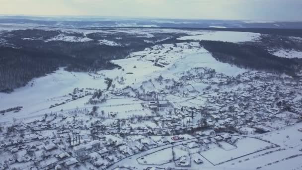 冬の畑や森の中の空中風景村 冬の風景雪が畑や田舎の木を覆い — ストック動画