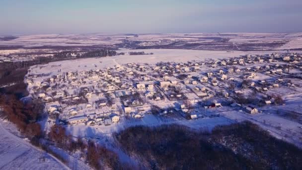 Widok Lotu Ptaka Wsi Wśród Pól Lasów Zimie Zimowy Krajobraz — Wideo stockowe