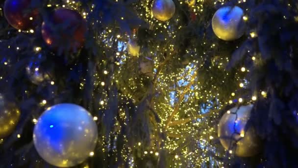 Cierra Las Luces Árbol Navidad Brillando Por Noche Abeto Año — Vídeo de stock