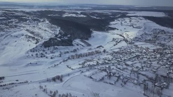冬の畑や森の中の空中風景村 冬の風景雪が畑や田舎の木を覆い — ストック動画