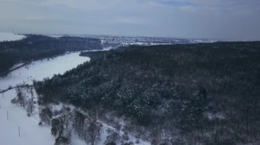 Kışın aşağı doğru orman manzarası. Ormandaki kış manzarası. Kış köknar ormanının üzerinde uçuyorlar. Yüksek karlı ağaçların yukarıdan görünüşü. Karda ağaçlar.