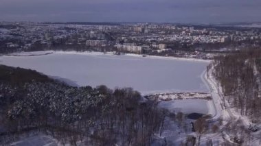 Parktaki donmuş göl üzerinde uçan kuşlar, Kishinev Moldova