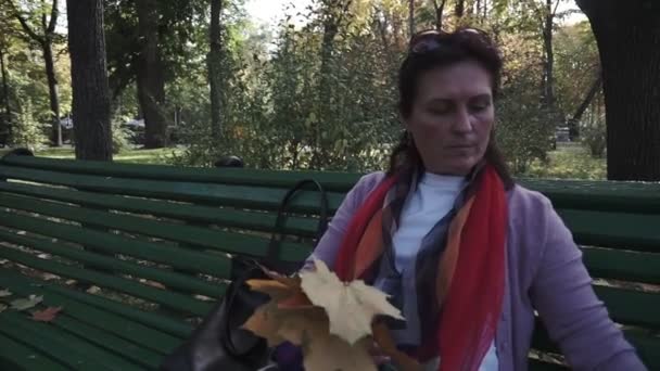 Eine Junge Frau Sitzt Auf Einer Bank Herbstpark Steadicam Aufnahme — Stockvideo