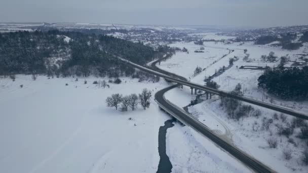 Flygfoto Eller Ovanifrån Från Drönare Motorväg Vinterväder — Stockvideo